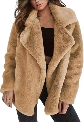 Womens Lapel Faux Fur Jackets Casual Open Front Cardigan Coats Lightweight Warm Long Sleeve Winter Outwear Jacket - Image 1