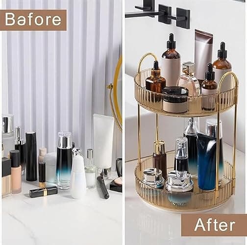 INVSSENE 360 Rotating Makeup Organizer, Yellow, Unisex, 2 Tier Countertop Storage, Large Capacity, Cosmetics, Perfume, Skincare, Lipsticks thumbnail 4