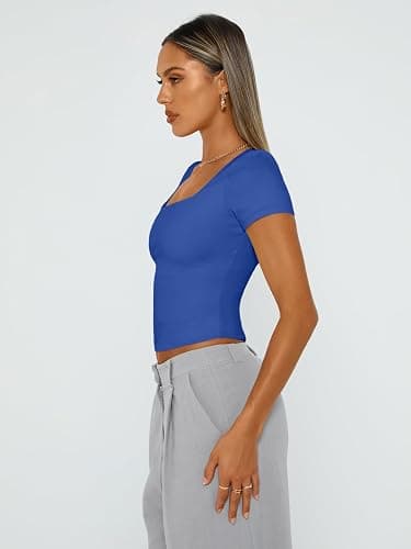 Trendy Queen Womens Double Lined Short Sleeve Square Neck Crop Tops | Spring Summer Compression Tshirt Workout Gym Going Out Cute Basic Tee for juniors thumbnail 3