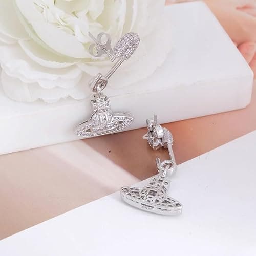 Colorful Saturn Earrings for Women - Punk Two-sided Pin Clip Zircon Saturn Earrings Ear Studs(Silver) thumbnail 3