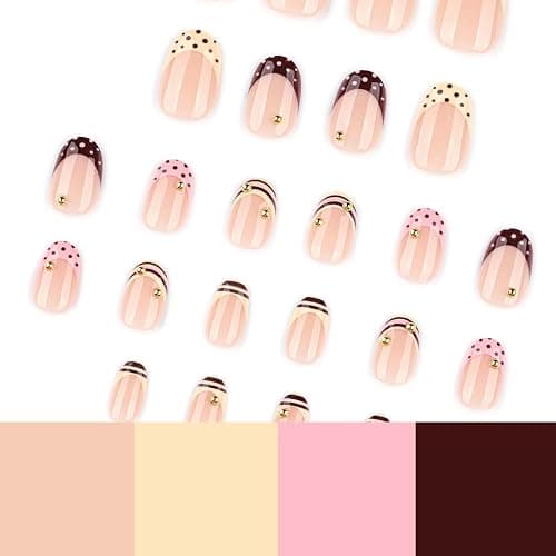 Short Press on Nails Oval - Cute French Tip Fake Nails with Striped & Polka Dots Designs,Y2K Reusable Acrylic Full Cover Glue on Nails for Women Girls Manicure 24Pcs thumbnail 4