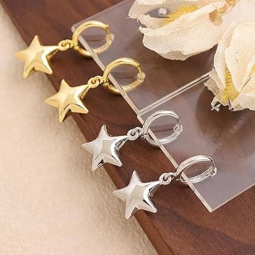 Jean Beau Hoop Huggie Charm Gold Silver Sun Star Earrings for Women, Trendy Puffy Drop Earring Prom Fashion Accessories Jewelry Gift thumbnail 6