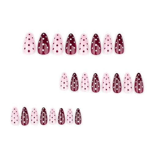 Polka Dot Press on Nails Medium Almond Fake Nails Burgundy Pink Nails Press ons with Design Full Cover Stick on Nails for Women Manicure,Reusable | Artificial | Nail Sticky Tabs | Easy Apply | 24Pcs thumbnail 2