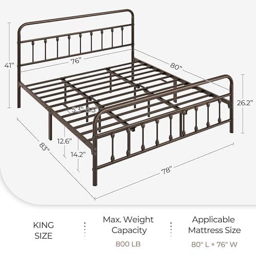 Yaheetech Classic Metal Platform Bed Frame Mattress Foundation with Victorian Style Iron-Art Headboard/Footboard/Under Bed Storage/No Box Spring Needed/King Size Bronze thumbnail 8