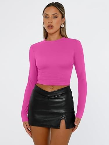 Trendy Queen Womens Long Sleeve Shirts Fall Fashion 2025 Basic Crop Tops Going Out Workout Outfits Y2k Clothes - Small - Hot Pink thumbnail 2