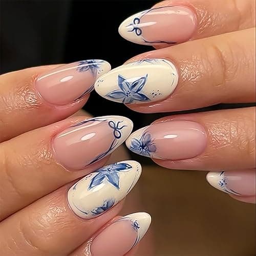 XZMeiLun Blue French Tips Press On Nails Medium Almond, Flower Sticke On Nails, Salon Quality. Floral Designer Reusable Acrylic Fake Nails Press Ons, Spring-Summer Ready Daily Wear Press-Ons for Women - Image 1