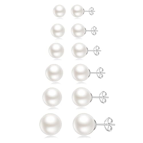 Senteria 925 Sterling Silver Pearl Earrings Studs Set Hypoallergenic Small Stud Earrings Lightweight Shiny Earrings Studs for Women 6 Pairs 3-10MM - Image 1