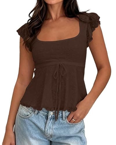 BAIGRAM Women Floral Flowy Babydoll Peplum Tops Y2K Cap Sleeve Ruffle Tank Square Neck Lace Up Layered Crop Shirt Going Out - Image 1