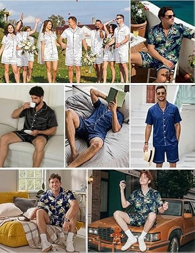 Ekouaer Pajamas for Men Silk Satin Pjs Summer Short Sleeve Sleepwear Comfort Loungewear with Pockets,Black,L thumbnail 5