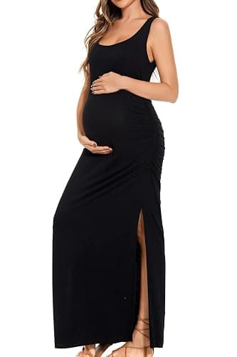 Smallshow Women's Split Long Maternity Dress | Sleeveless, Ruched, Pregnancy Clothes - Image 1