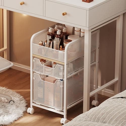 Hongtamoya Rolling Makeup Cart Organizer with 2 Drawers, Narrow Floor Skincare Organizers, Vanity Organizer Cosmetics Display Cases Holder for Skin Care Nail Polish Perfume Makeup Brush, White - Image 1