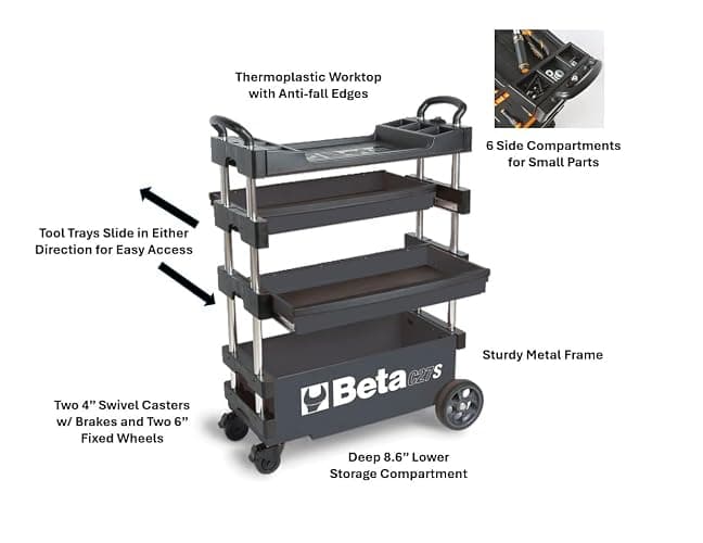 Beta C27S Gray Collapsible Rolling Tool Cart | 200 Pound Load Capacity | Heavy-Duty Mobile Metal Tool Trolley | 4” Steering Wheels with Brakes | Thermoplastic Worktop | Keyed Lock thumbnail 3