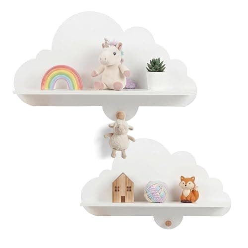 Costzon 2 Pieces Floating Cloud Shelves, Wall Mounted Kids Bookshelf w/Compartments, Cute Corner Bookshelves, Space Saving Wall Shelves for Kid's Room, Nursery, Playroom & Bedroom (White Cloud) thumbnail 9