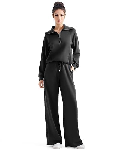 SUUKSESS Women 2 Piece Lounge Matching Set Wide Leg Sweatpant Half Zip Sweatshirt - Image 1