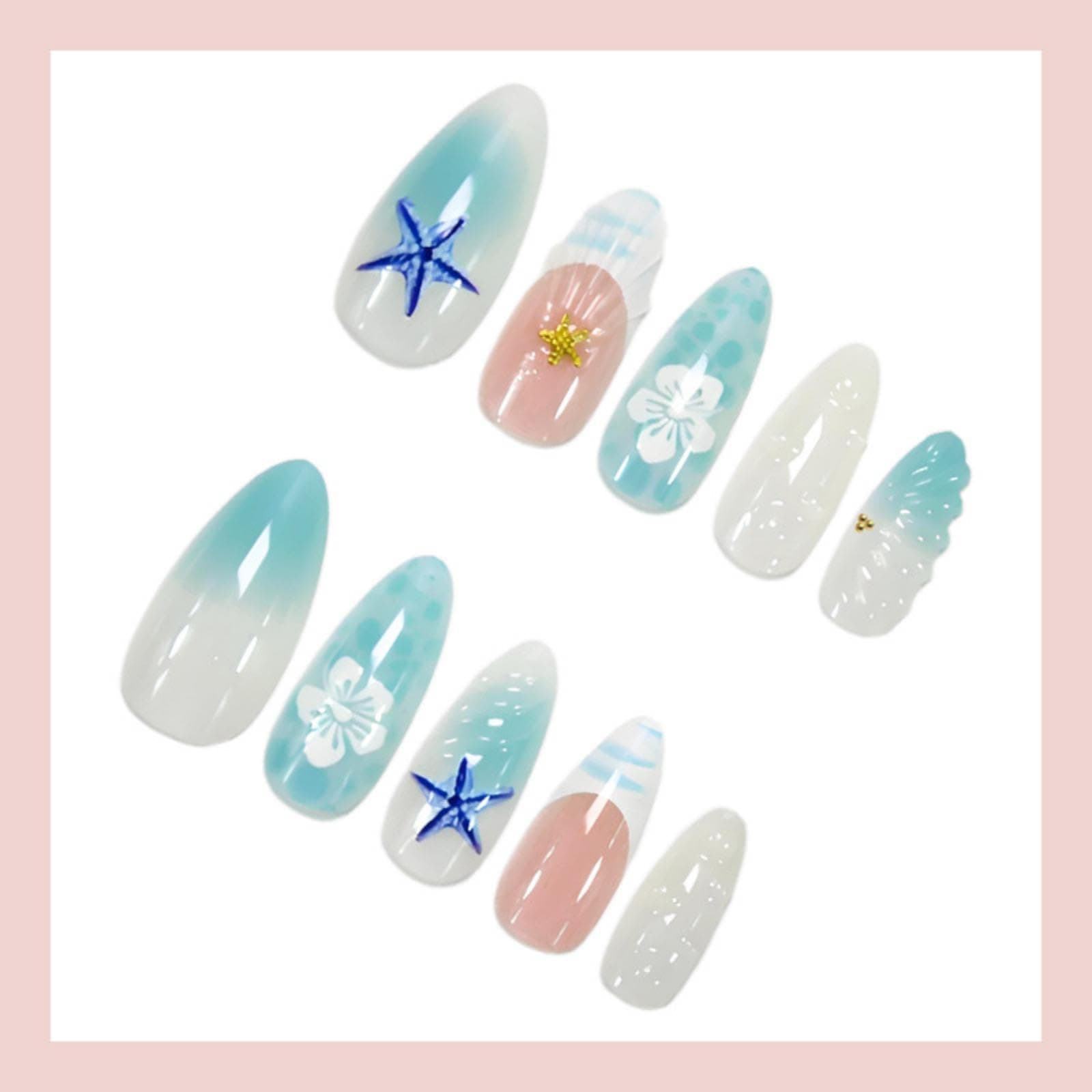 24pcs 3D Mermaid Press On Nails | Blue Ocean Starfish & Shell Design | Medium Almond False Nails 12 Sizes + Nail File + Jelly Glue | Fake Nails for Women Girls thumbnail 7