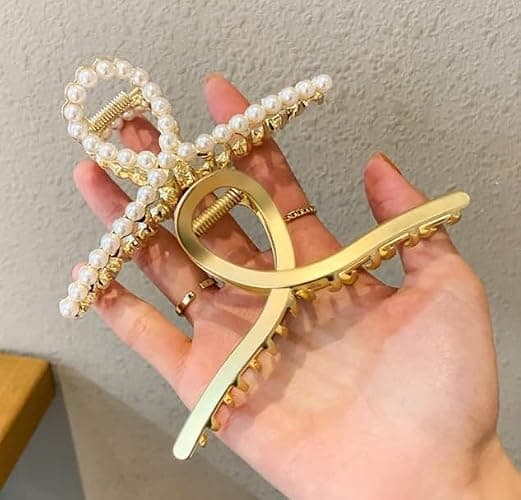 2 Pack Matte Gold and Pearl Hair Claws for Women: Large Metal Clips with Pearls for Thick Hair - Non-Slip Crab Claws and Strong Cross Barrettes - Image 1