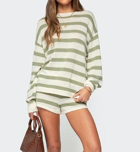 NUFIWI Women Striped Knit Sweater Set 2 Piece Outfit Oversized Long Sleeve Sweater and Shorts Matching Lounge Sets thumbnail 3