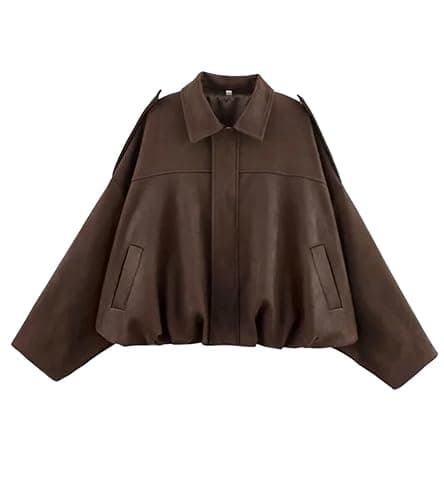Bnigung Womens Faux Suede Bomber Jacket Oversized Long Sleeve Cropped Coat | Lightweight Going Out Suede Jackets, 2 Pockets, Lapel Collar, Batwing Sleeve, Zip up, Outerwear for Casual Daily Vacation - Image 1