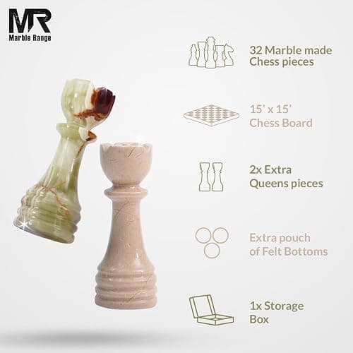 Marble Chess Set 15 Inch Verona and Green Handmade Board Game with Storage Box, Classic Travel Chess Set for Adults with Chess Pieces & 2 Extra Queens, Elegant Gift & Home Décor thumbnail 5