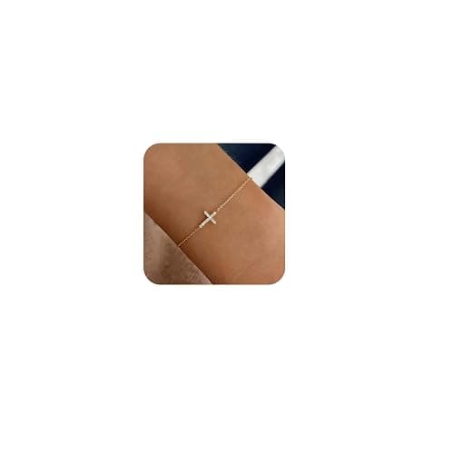 Gold Bracelets for Women,Dainty Gold Cross Bracelet 14K Gold Plated Beaded Bracelets for Women Trendy Bracelet Stack Pearl Bracelet Set Waterproof Chain Bracelet Gold Jewelry for Women Baptism Gifts - Image 1