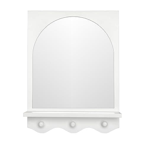 SANY DAYO HOME White 16"x12" Wood Framed Arched Mirror with Shelf and 3 Hooks, Wall Mounted Decorative Real Glass Hanging Mirror for Entryway, Bathroom, Bedroom, Laundry Room thumbnail 5