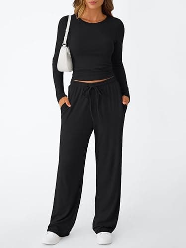 Trendy Queen Women's 2 Piece Matching Lounge Set Long Sleeve Slightly Crop Top Wide Leg Pants Casual Sweatsuit thumbnail 2