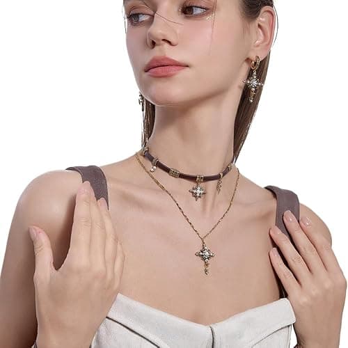 Retro stylish Star Cross Pendant Necklace Faux Leather Women's Collar Personalized Double Layer Necklace M2592 thumbnail 4