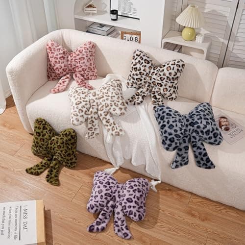 UNWAAT Cute Leopard Print Bow Throw Pillow Furry Bow Plush Pillows Plush Shaggy Cheetah Pillow Home Decor for Bed Couch Living Room Decor thumbnail 5