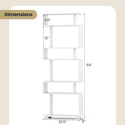 Giantex 6-Tier Geometric Bookcase, 64" Tall S-Shaped Bookshelf with Anti-Tipping Kit, Wood Freestanding Decorative Storage Display Shelves for Living Room, Bedroom & Home Office, White thumbnail 3