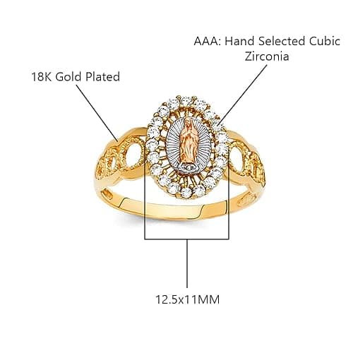 Savlano 18K Gold Plated Yellow White & Rose Tri Color Lady of Guadalupe Virgin Mary with Round Cut Cubic Zirconia Women Religious Ring thumbnail 3