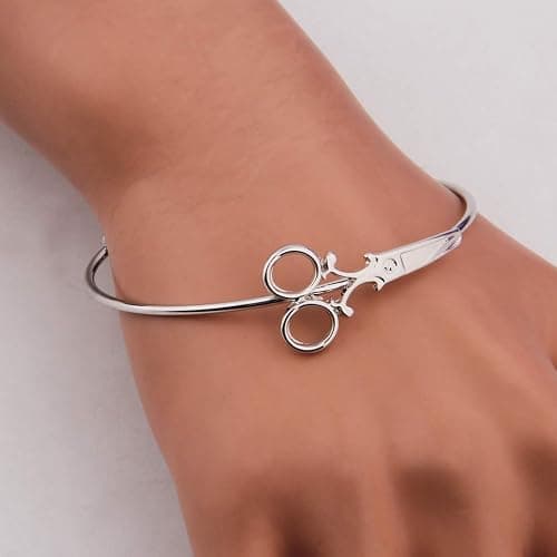 KUIYAI Minimalist Shears Scissor Bangle Stacking Adjustable Wire Bracelet for Hairdresser (Silver) thumbnail 5