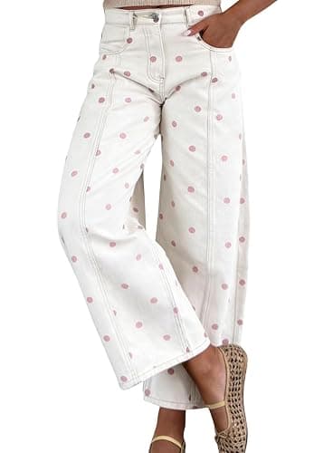 chouyatou Women Polka Dot Wide Leg Barrel Jeans Mid Rise Denim Ankle Pants | Boho casual style, Barrel leg, Floral pattern, Cropped length, Patchwork, Boyfriend, Y2K thumbnail 2