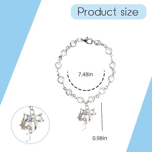 Steering Wheel Bow Charm Crystal Heart Hanging Chain Car Interior Decor | Bow Hanging Ornament Silver Star Moon Bowknot Charm for Rear View Mirror Car Steering Wheel Hanging Accessories for Women thumbnail 2