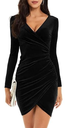 CheChury Robe Femme Hiver Courte Velours Robe Moulante à Manches Longues Col en V Robe De Soiree Femme Vintage Chaud Chic Sexy Robe - Image 1