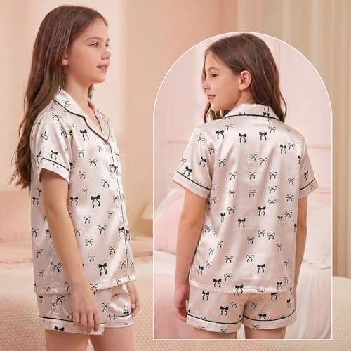 FIOBEE Girls Satin Pajamas Set Short Sleeve Button Down Sleepwear Silky Soft Two Piece Pjs Clothing for Kids Teens 8-14 Years thumbnail 7