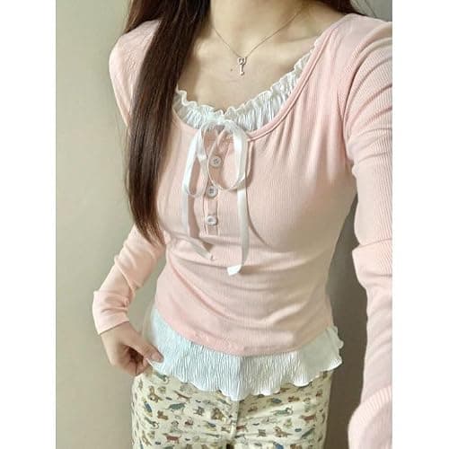 Y2K Coquette Shirts Girly Lace Patchwork Tight Crop Tops Women Fairycore Aesthetic Baby Tee Bow Tie Cutecore Clothes thumbnail 6
