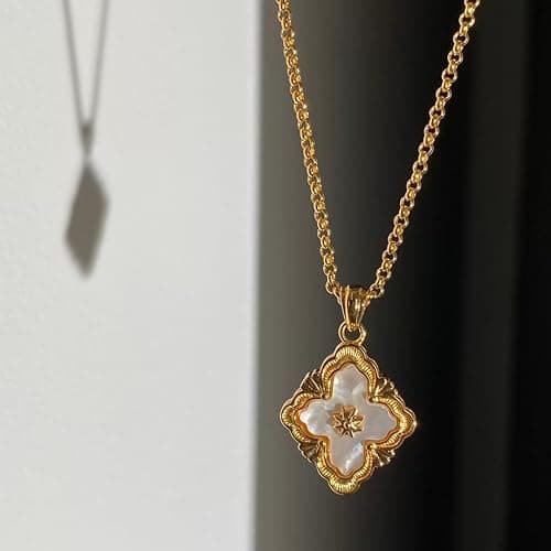 Gold Clover Necklace for Women, Double-Sided Pendant by 18K Gold-plated inlaid Natural Stone Pendant Necklace,Turquoise/Malachite/Black Onyx Stone/White Mother of Pearl,Jewelry Gift for Women thumbnail 2