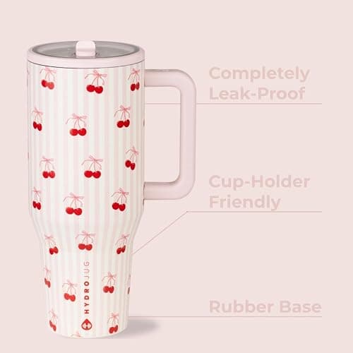 HydroJug Traveler - 40 oz Water Bottle with Handle & Flip Straw - Fits in Cup Holder, Leak Resistant Tumbler-Reusable Insulated Stainless Steel & Rubber Base - Gifts for Women & Men, Sweet Cherry thumbnail 5