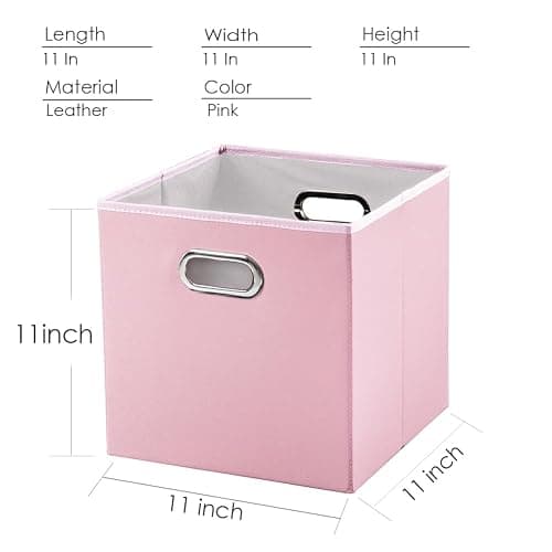 PRANDOM Leather Foldable Cube Storage Bins 11x11 inch [4-Pack] Fabric Storage Baskets Cubes Drawer with Cotton Handles Organizer for Shelves Nursery Closet Bedroom Clothes Pink thumbnail 3