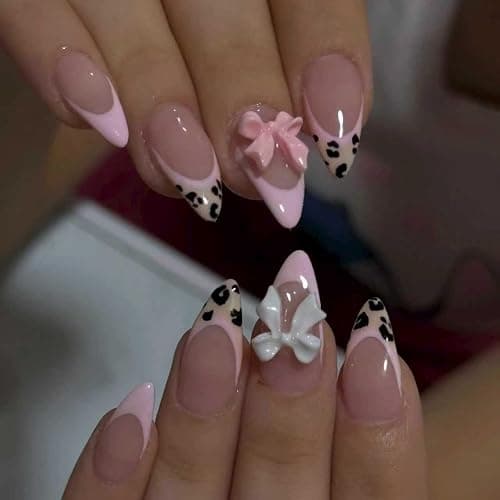 24Pcs Pink French Tip Press on Nails Medium Almond QUNQINLI Valentines Fake Nails Press ons Nail Tip Kit 3D Bow False Nails Leopard French Acrylic Glue on Nails Nude Stick on Nail for Women thumbnail 3
