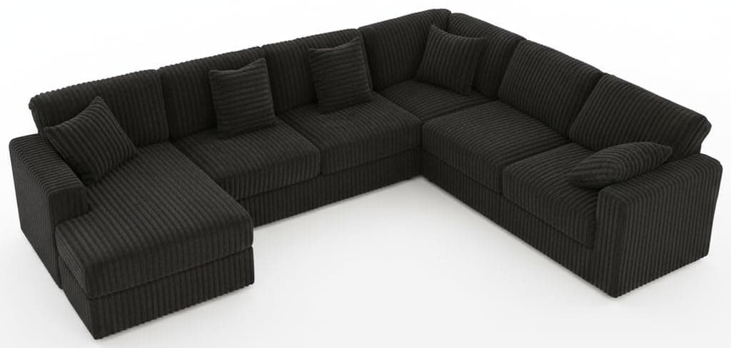 Cloud Couch 139" U-Shaped Couch, Oversized 7-Seater Modular Couch, Queen Sofa with Corduroy Upholstery, Deep Seats, High Backrest & Pocket Spring Cushions for Living Room, Left Facing Chaise, Black - Image 1