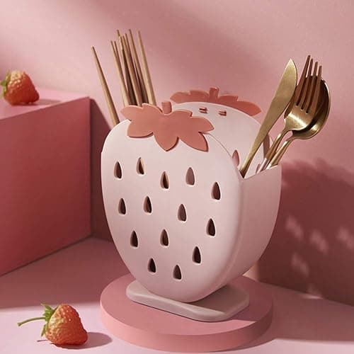 AKOAK 1 Pack Strawberry Chopsticks Stand, Cutlery Storage Box, Suitable for Storing Spoons, Chopsticks, Spoons, Knives and Other Kitchen Utensils (Light Pink) thumbnail 2