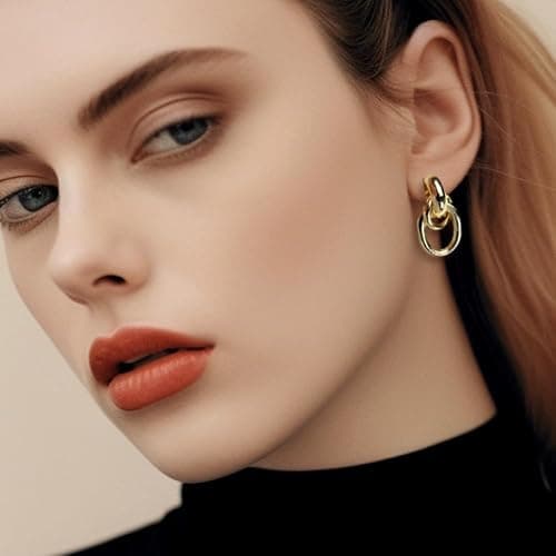 JeanBeau Gold Chunky Statement Drop Dangle Earrings for Women, Trendy Vintage Thick Door Koncker Lightweight Hollow Geometric stud Earring Fashion Jewelry Gift. thumbnail 2