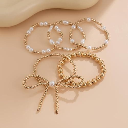 NIQIPOK Gold Bow Bracelet for Women Gold Beaded Bracelet Pearl Bead Bracelet Stackable Stretch Bead Ball Bracelet Gold Statement Jewelry Accessories thumbnail 8