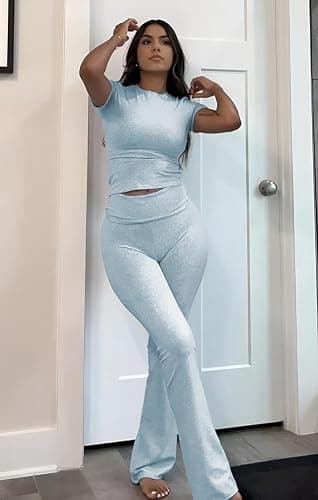 ZFLM Casual Workout Two Piece Outfits for Women Short Sleeve Crop High Waist Foldover Flare Pants Tracksuit Sets Streetwear thumbnail 5