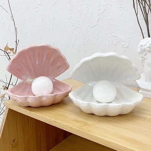 Koolouispoper Ins Japanese Style Ceramic Shell Pearl Night Light Streamer Mermaid Fairy Shell Night Lamp for Bedside Home Decoration Xmas Gift (White) thumbnail 3