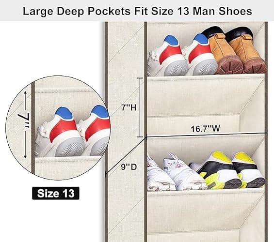 SLEEPING LAMB Over The Door Shoe Organizer for Closet with Large Deep Pockets, Narrow Shoe Rack for Door Hanging Boots Storage, Beige thumbnail 4