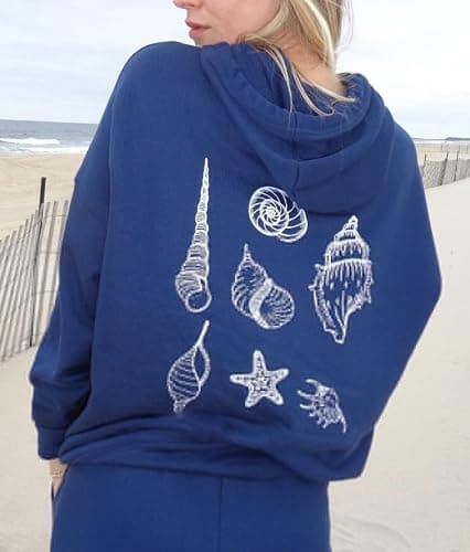 Yiulangde Women Teen Girls Cute Embroidered Flower Ocean Graphic Hoodies Coastal Preppy Long Sleeve Pocket Hoodie Sweatshirts - Conch Navy - Small thumbnail 8