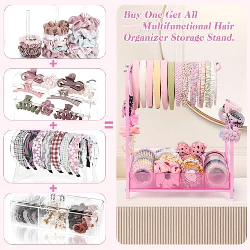 Keebofly Acrylic Hair Accessories Organizer, Versatile Headband Holder Stand for Scrunchies, Bows, Claw Clips, Hair Tie, Compact Hair Organizer Storage Container for Girls, Women, Babies, Soft Pink thumbnail 3