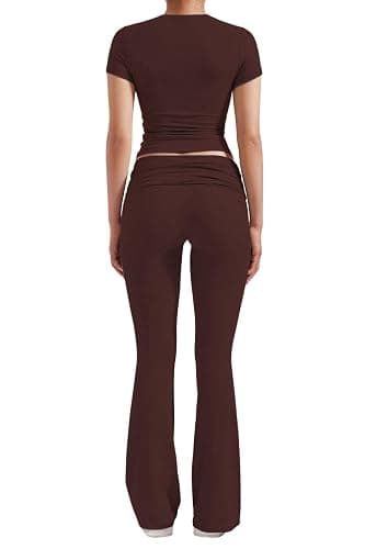 YETOWA Women's 2 Piece Lounge Outfits Slim Short Sleeve Tops Low Rise Flare Leggings Sets Yoga Sweatsuit thumbnail 2